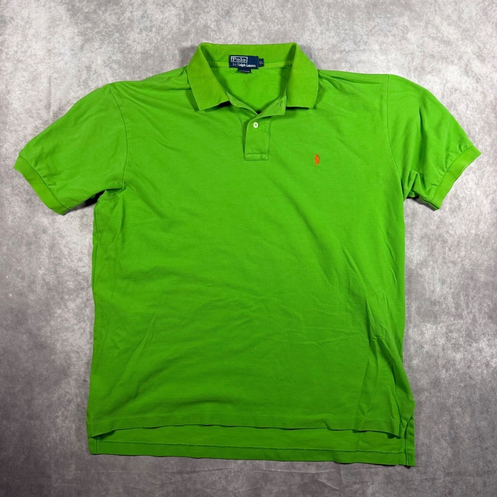 Vintage 90s Polo Ralph Lauren Men's XL Green Short Sleeve Pique Polo Orange Pony